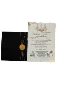 Invitație de nuntă neagră cu sigiliu de ceară auriu
