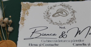 Model invitație nuntă verde pădure, elegant și handmade