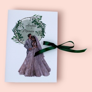 Invitație Nuntă Ilustrație Miri cu Fundal Verde Salvie și Fundiță Satin