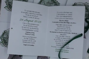 Invitație Nuntă Ilustrație Miri cu Fundal Verde Salvie și Fundiță Satin - Img 2