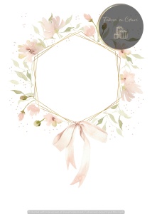 Invitație nuntă pastel cu ramă hexagonală și fundiță roz