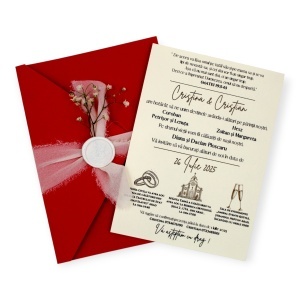 Invitație Nuntă Plic Roșu elegant cu ceară sigiliu și flori delicate