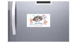 Magnet botez băiat personalizat cu poză – ursuleți, baloane albastre și nori | Mărturie botez elegantă