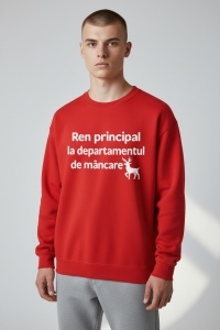 Pulover amuzant de Crăciun – „Ren principal la departamentul de mâncare”. Material premium, perfect pentru poze și petreceri.