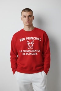 Pulover roșu de Crăciun – „Ren principal la departamentul de mâncare” – model amuzant, unisex
