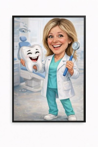 Ramă Foto Caricatură Dentistă Amuzantă – Portret Personalizat din Fotografie