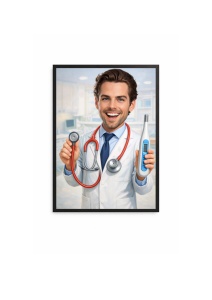 Ramă Foto Caricatură Medic Doctor – Tablou Caricatură Amuzantă Personalizată, Cadou Original