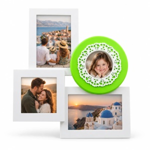 Ramă foto colaj Cerc cu accent verde, alb și verde – 4 fotografii incluse