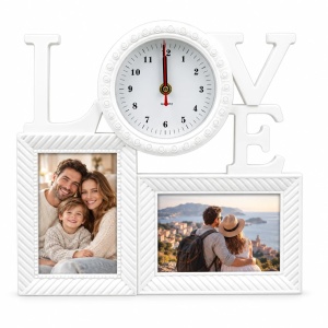 Ramă foto colaj Love cu ceas și rame laterale, alb – 2 fotografii incluse