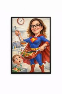 Ramă foto cu caricatură personalizată Super Mamă – cadou amuzant pentru mame și familie