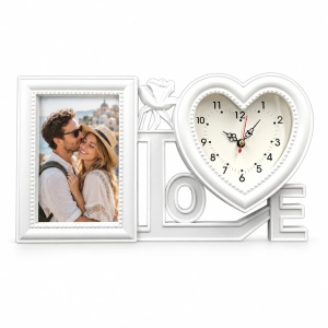 Ramă foto decorativă Love cu ceas în inimă, alb – 1 fotografie inclusă