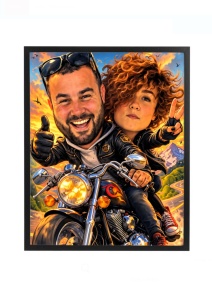 Ramă foto personalizată caricatură cuplu pe motocicletă – cadou amuzant pentru cupluri