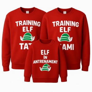 Set pulovere familie Crăciun 2025 – „Familia Crăciunului” & „Elf în antrenament”. Perfect pentru poze și cadouri festive. Disponibil pe fabricacucadouri.ro