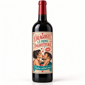 Sticlă de vin personalizată cu nume „Dragoste la prima înghițitură” – Valentine’s Day