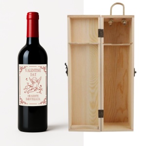 Sticlă de Vin Personalizată Valentine’s Day „Dragoste Îmbuteliată” cu Cutie din Lemn – Alb, Roșu sau Roze