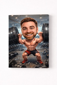 Tablou Canvas Caricatură Fitness Personalizată – Cadou Amuzant pentru Pasionații de Sală
