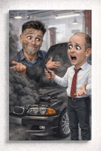 Tablou Canvas Caricatură Mecanic Auto – Portret Personalizat Amuzant cu Mașină