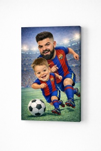 Tablou Canvas Caricatură Tată și Fiu – Fotbal, Portret Personalizat pe Stadion
