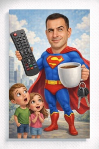 Tablou Canvas Caricatură Tată Super Erou – Portret Personalizat cu Copii