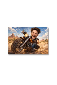 Tablou Canvas Motociclist în Deșert – Caricatură Amuzantă cu Motocicletă pentru Biker