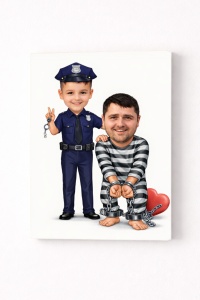 Tablou Canvas Personalizat – Polițistul Casei | Caricatură Amuzantă Tată și Copil