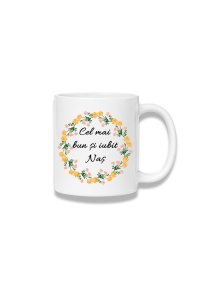 Cană ceramică 380 ml – Cel mai bun și iubit naș – coroniță florală