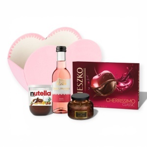 Cutie Cadou Inimă Roz pentru Ea cu Vin Roze, Nutella și Ciocolată