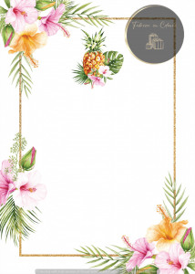 Invitație Botez B218 - Cadru Auriu cu Hibiscus și Ananas Tropical