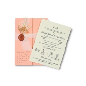 Invitație de nuntă personalizată roz cu sigiliu de ceară – stil boho elegant cu flori uscate