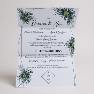 Invitație de nuntă verde botanic cu ramă geometrică