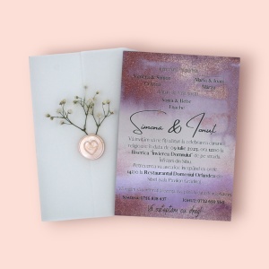 Invitație Nuntă cu Flori și Sigiliu Roz Pastel