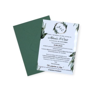 Invitație Nuntă cu Plic Verde închis și Design Floral Elegant – Model Modern cu Inițiale Personalizate
