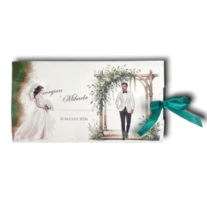 Invitație nuntă glisantă elegantă verde auriu – set complet premium