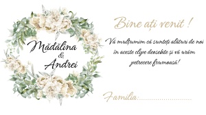 Plic de bani nuntă floral alb-verde, elegant și rafinat, perfect pentru un decor romantic și organizarea invitaților