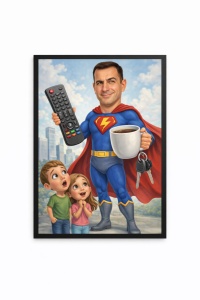 Ramă Foto Caricatură Super Tată cu Copii – Portret Personalizat