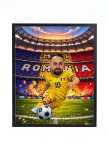 Ramă foto personalizată caricatură fotbalist România – cadou amuzant pentru suporteri