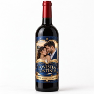 Sticlă de vin personalizată cu poză „Povestea continuă” – Valentine’s Day