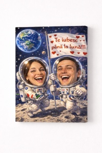 Tablou Canvas Caricatură Cuplu Astronauți pe Lună – Cadou Personalizat Romantic