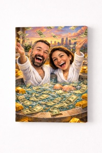 Tablou Canvas Caricatură Cuplu în Jacuzzi cu Bani – Cadou Personalizat Funny