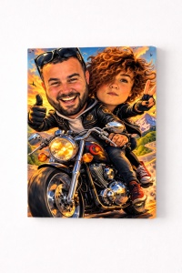 Tablou Canvas Caricatură Cuplu pe Motocicletă – Cadou Personalizat Funny