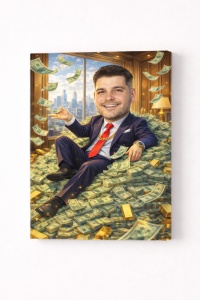 Tablou Canvas Caricatură Miliardar pe Munte de Bani – Cadou Personalizat Funny