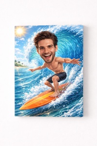 Tablou Canvas Caricatură Surfer Personalizată – Cadou pentru Pasionații de Surf