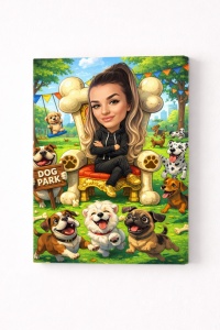 Tablou Canvas Dog Lover – Caricatură Amuzantă în Parc cu Câini
