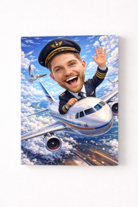 Tablou Canvas Personalizat – Pilot de Avion | Caricatură Amuzantă în Aer