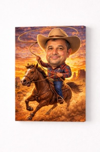 Tablou Canvas Personalizat Cowboy pe Cal – Caricatură Amuzantă