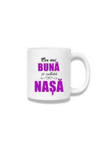 Cană ceramică 380 ml – Cea mai bună și iubită nașă – caligrafie mov