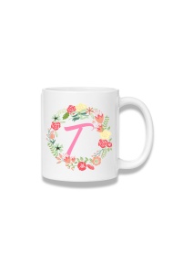 Cană ceramică 380 ml – Inițiala T cu coroniță florală
