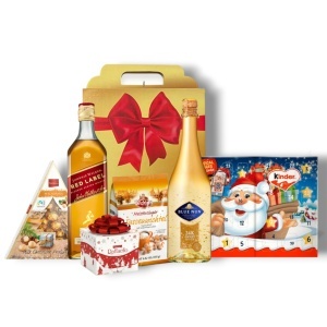 Coș Cadou Gold Premium cu Whisky Red Label, Vin Spumant Blue Nun 24K, Raffaello, Calendar Kinder și Praline Festive