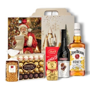 Cutie Cadou Premium Crăciun cu Jim Beam Honey, Angelli Ciocolată, Ferrero Collection și Lindt