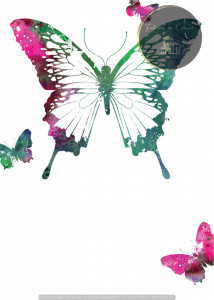 Invitație Botez B170 - Fluture Acuarelă Verde-Smarald și Roz-Magenta